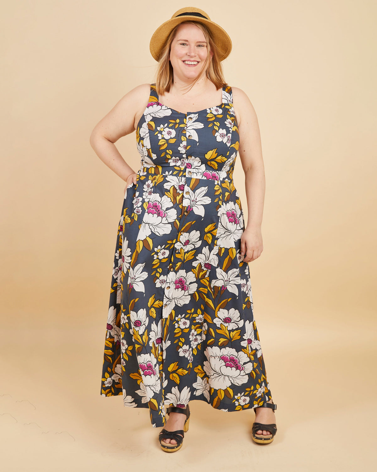 Cashmerette Holyoke Maxi Dress and Skirt PDF sewing pattern, woman wearing a floral dress