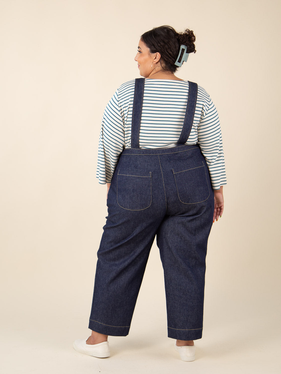 Navy denim dungarees with rolled hems, Closet Core Jenny Overalls and trousers PDF sewing pattern