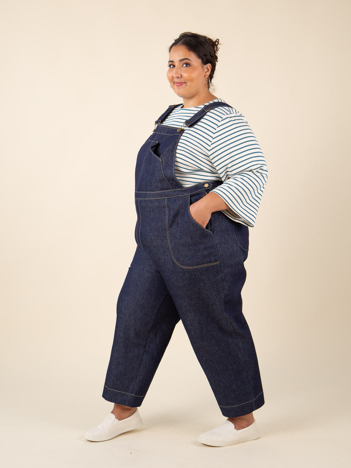 Navy denim overalls from the Closet Core Jenny Overalls and trousers PDF sewing pattern, three quarter view