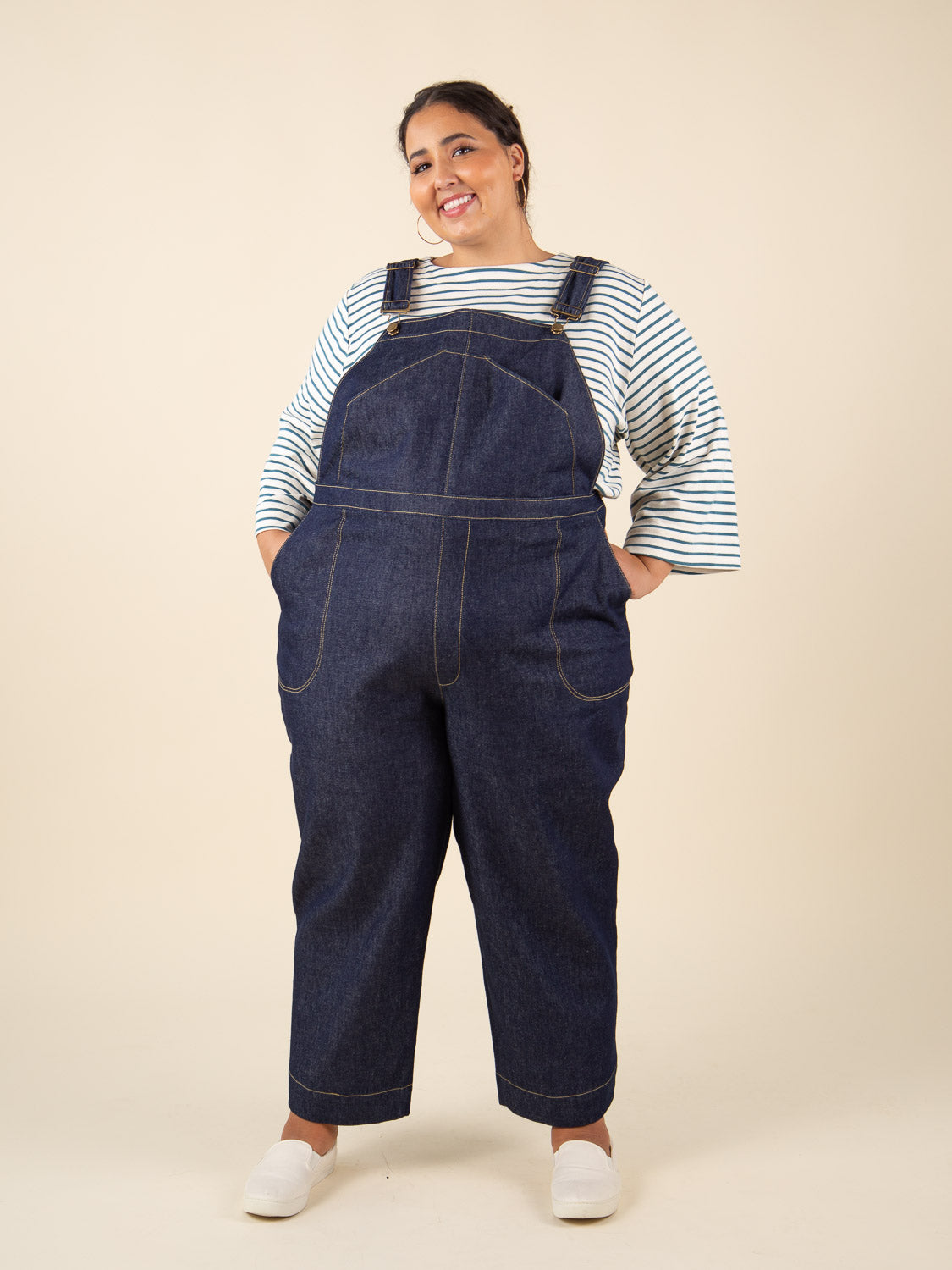 Navy denim overalls sewn from the Closet Core Jenny Overalls and trousers PDF sewing pattern, front view