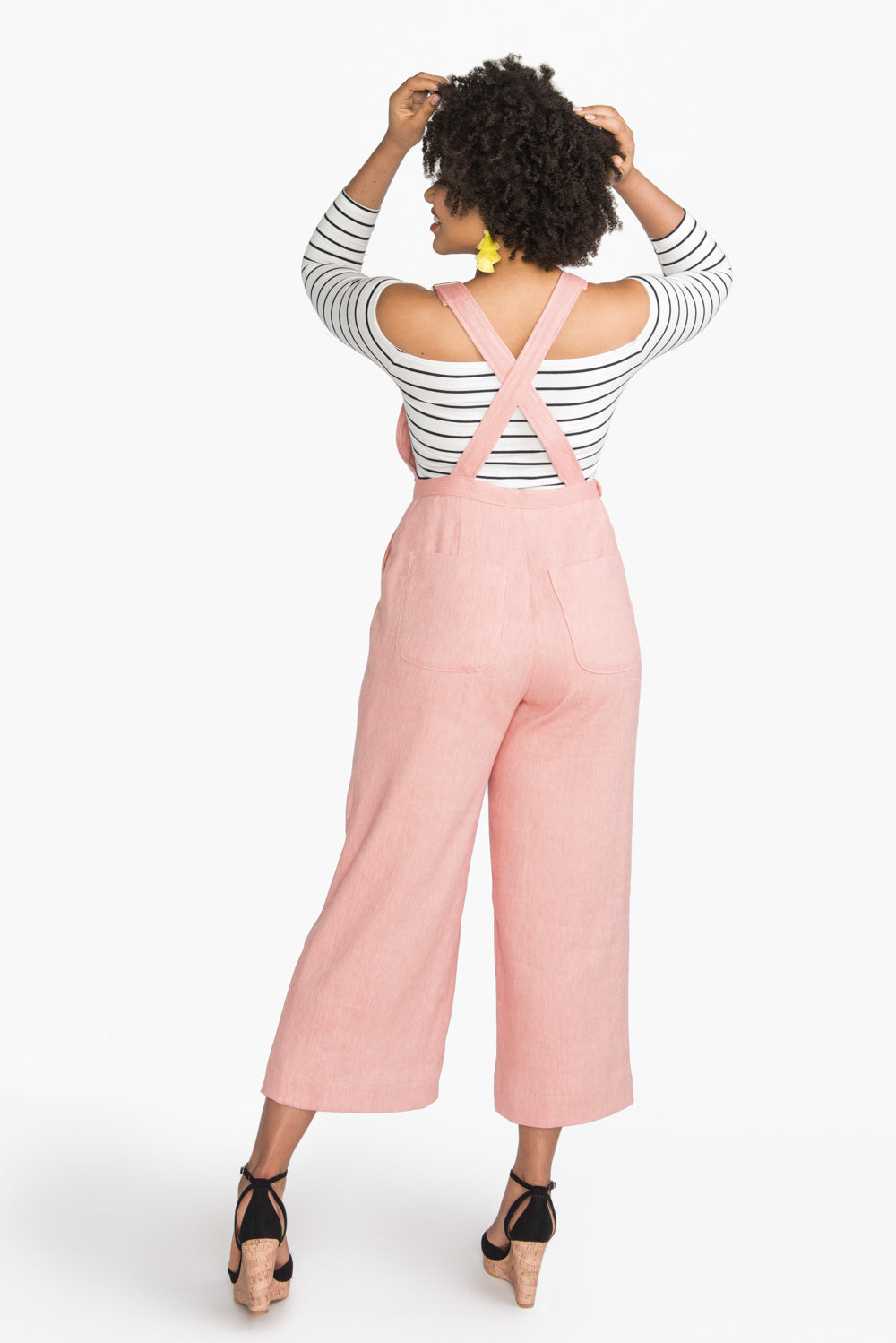 Back straps on pink overalls sewn from the Closet Core Jenny Overalls and trousers PDF sewing pattern