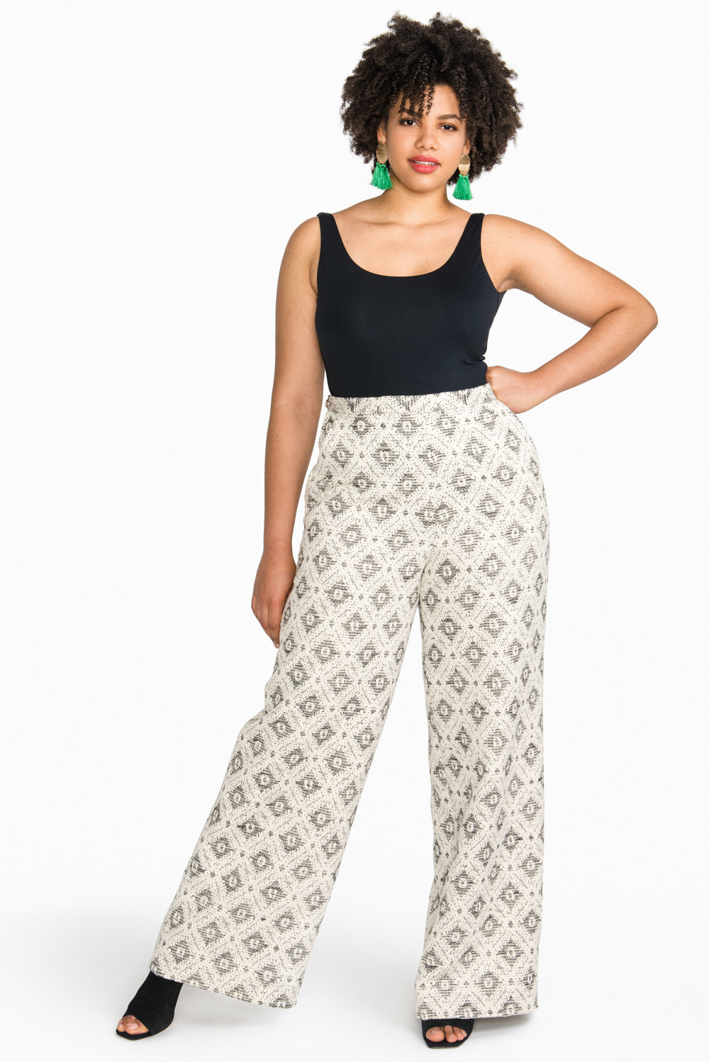 Printed wide leg trousers sewn from the Closet Core Jenny Overalls and trousers PDF sewing pattern, front view