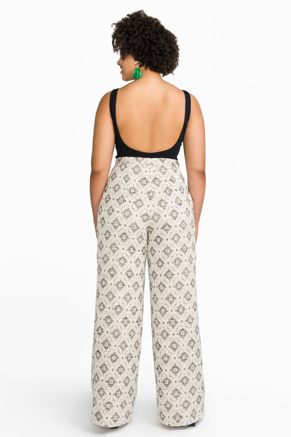 Back view of printed trousers made with the Closet Core Jenny Overalls and trousers PDF sewing pattern