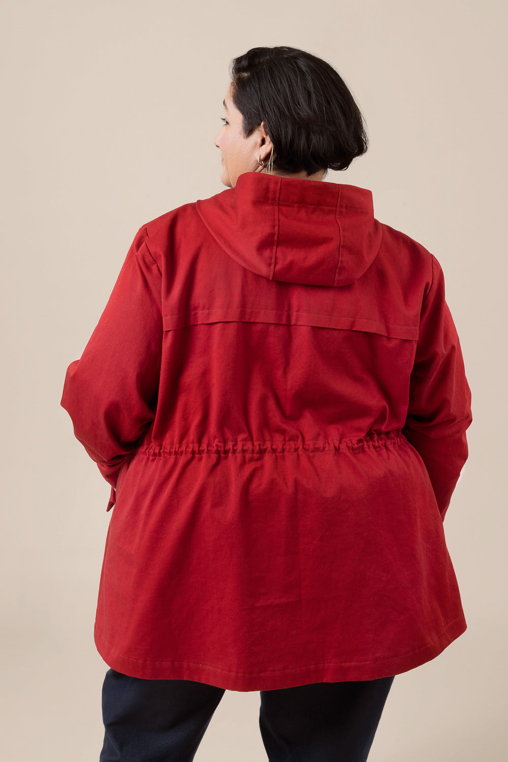 Close-up of the back of a red anorak from the Closet Core Kelly Anorak PDF sewing pattern
