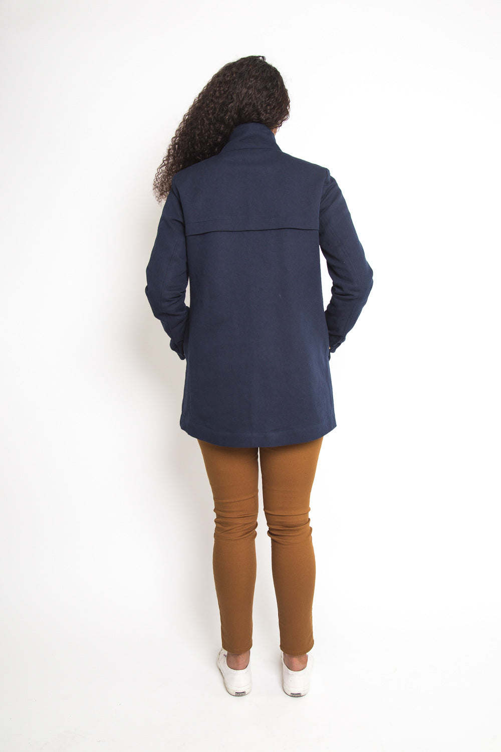 Back view of a navy anorak from the Closet Core Kelly Anorak PDF sewing pattern