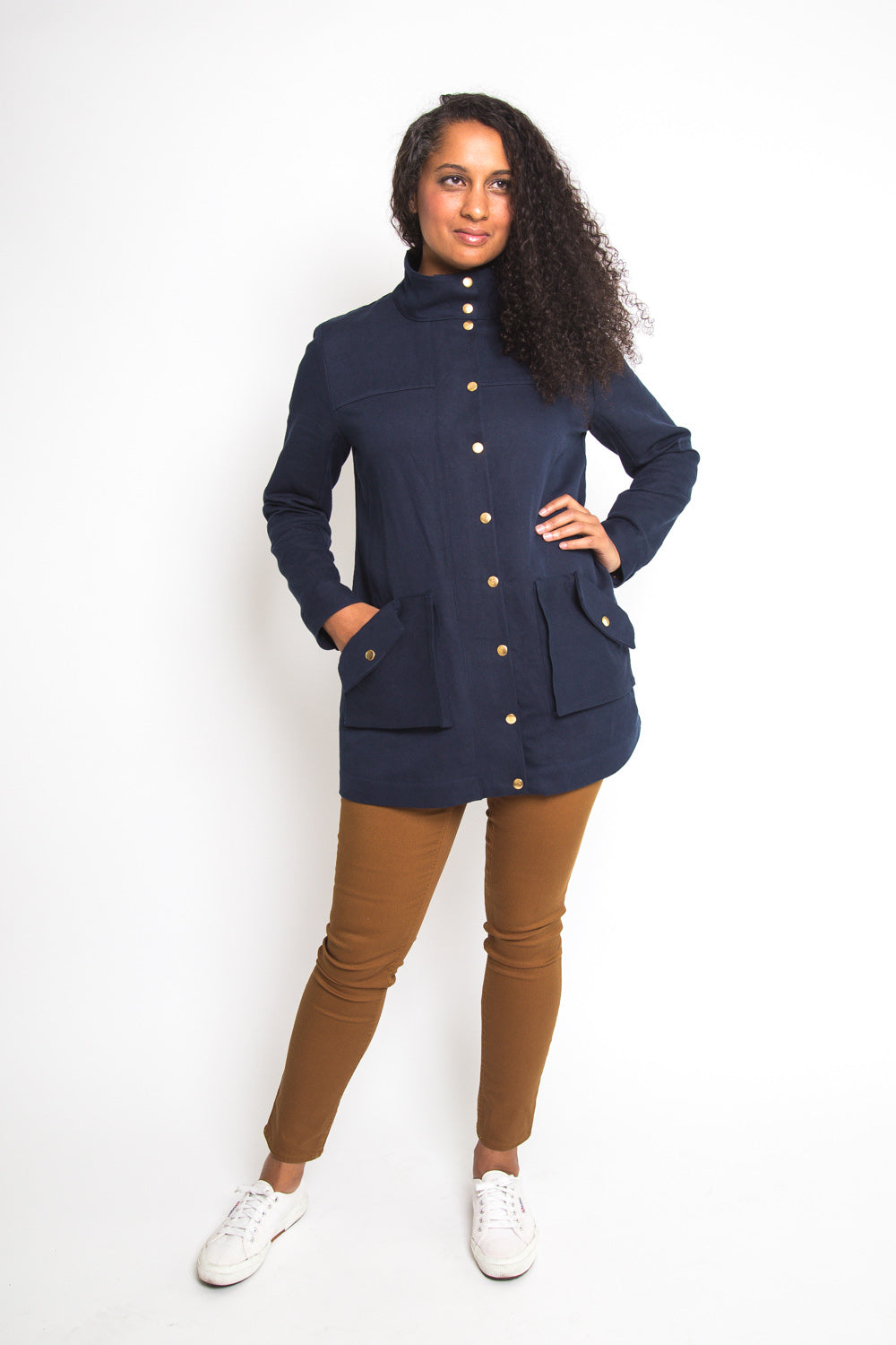 Navy anorak jacket made with the Closet Core Kelly Anorak PDF sewing pattern, front view