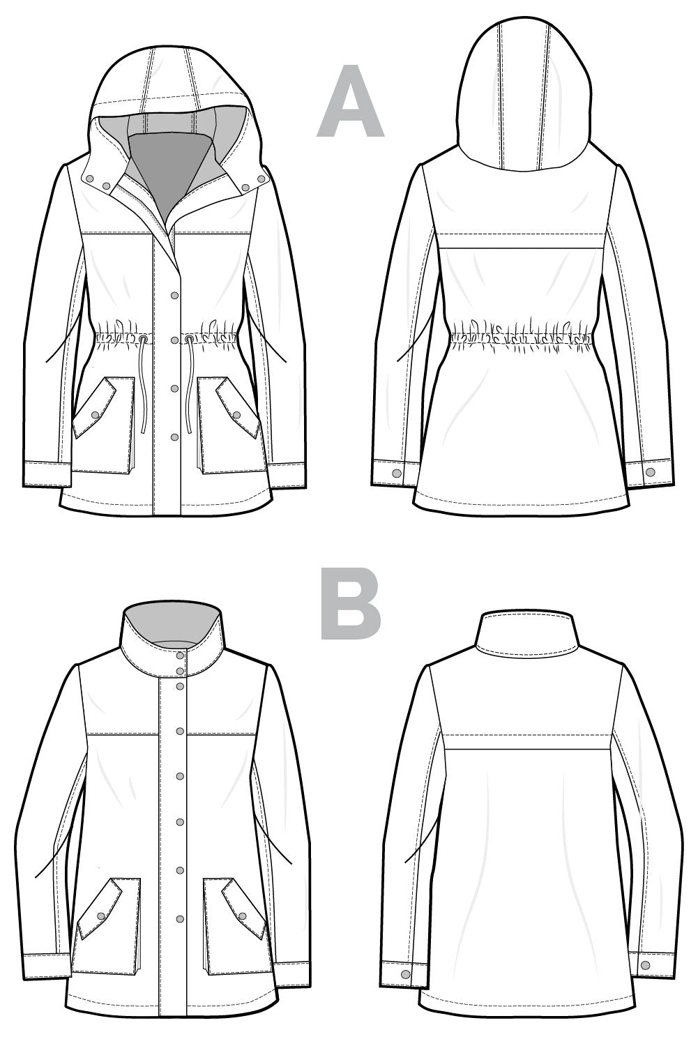 Closet Core Kelly Anorak PDF sewing pattern line drawings of views A and B
