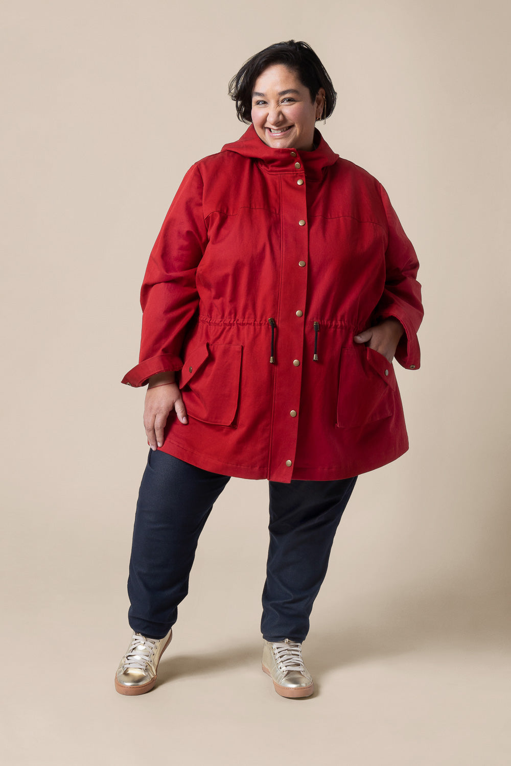 Red anorak jacket made with the Closet Core Kelly Anorak PDF sewing pattern, front view