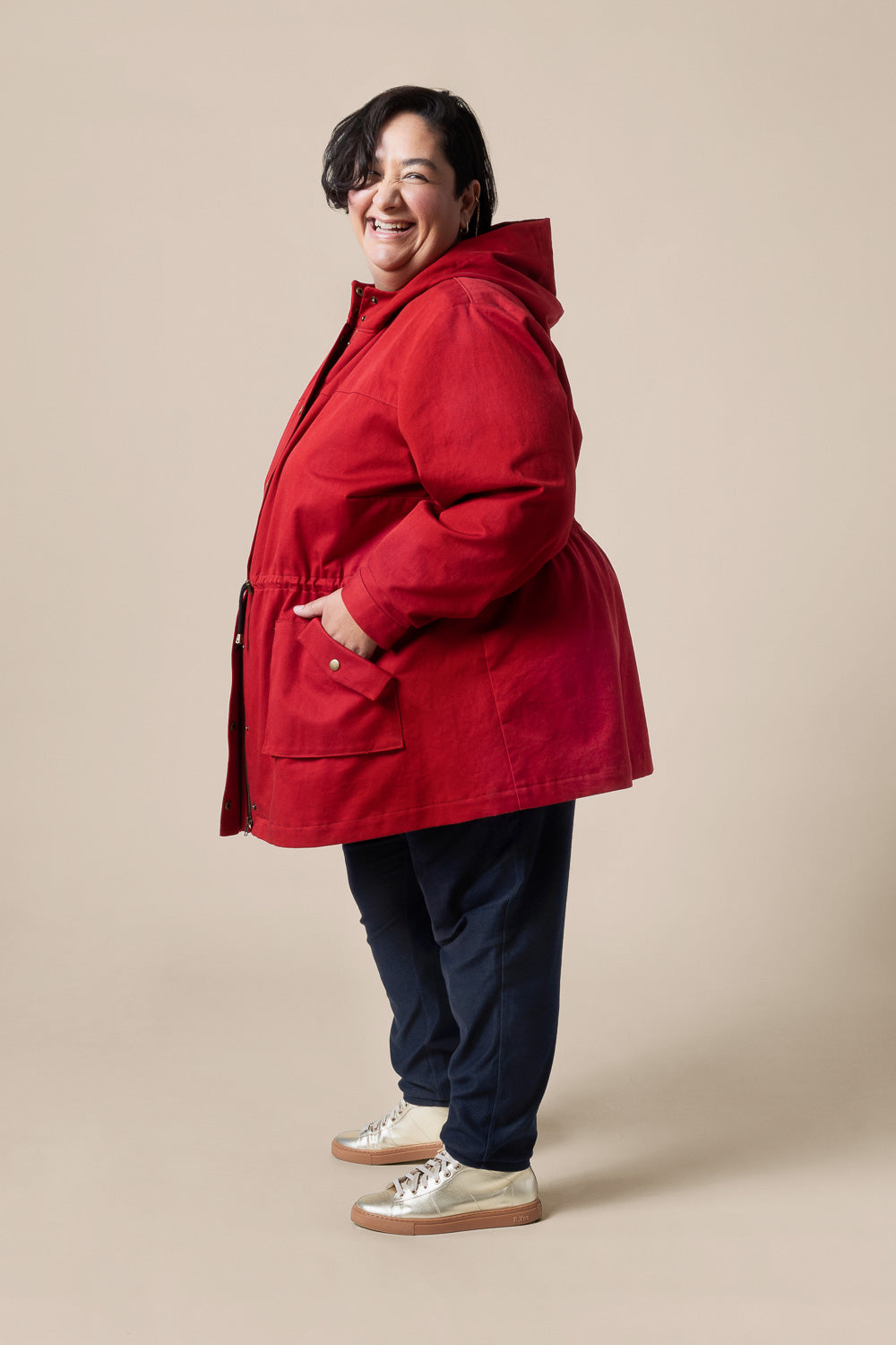 Back view of a red anorak made with the Closet Core Kelly Anorak PDF sewing pattern