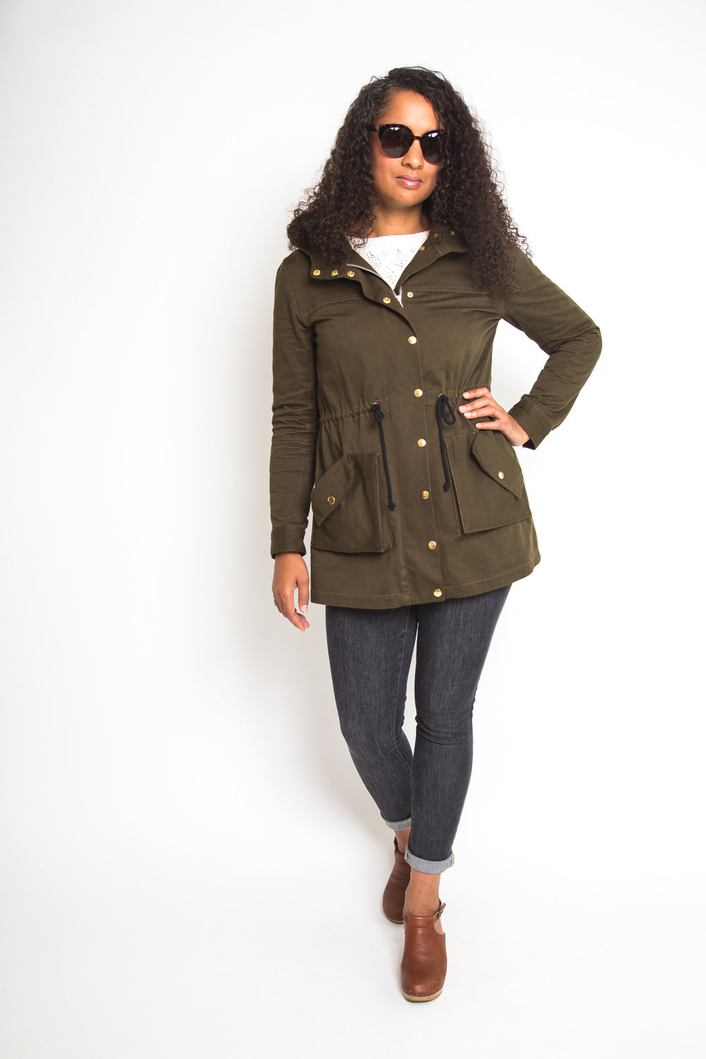 Side view of an olive anorak sewn from the Closet Core Kelly Anorak PDF sewing pattern
