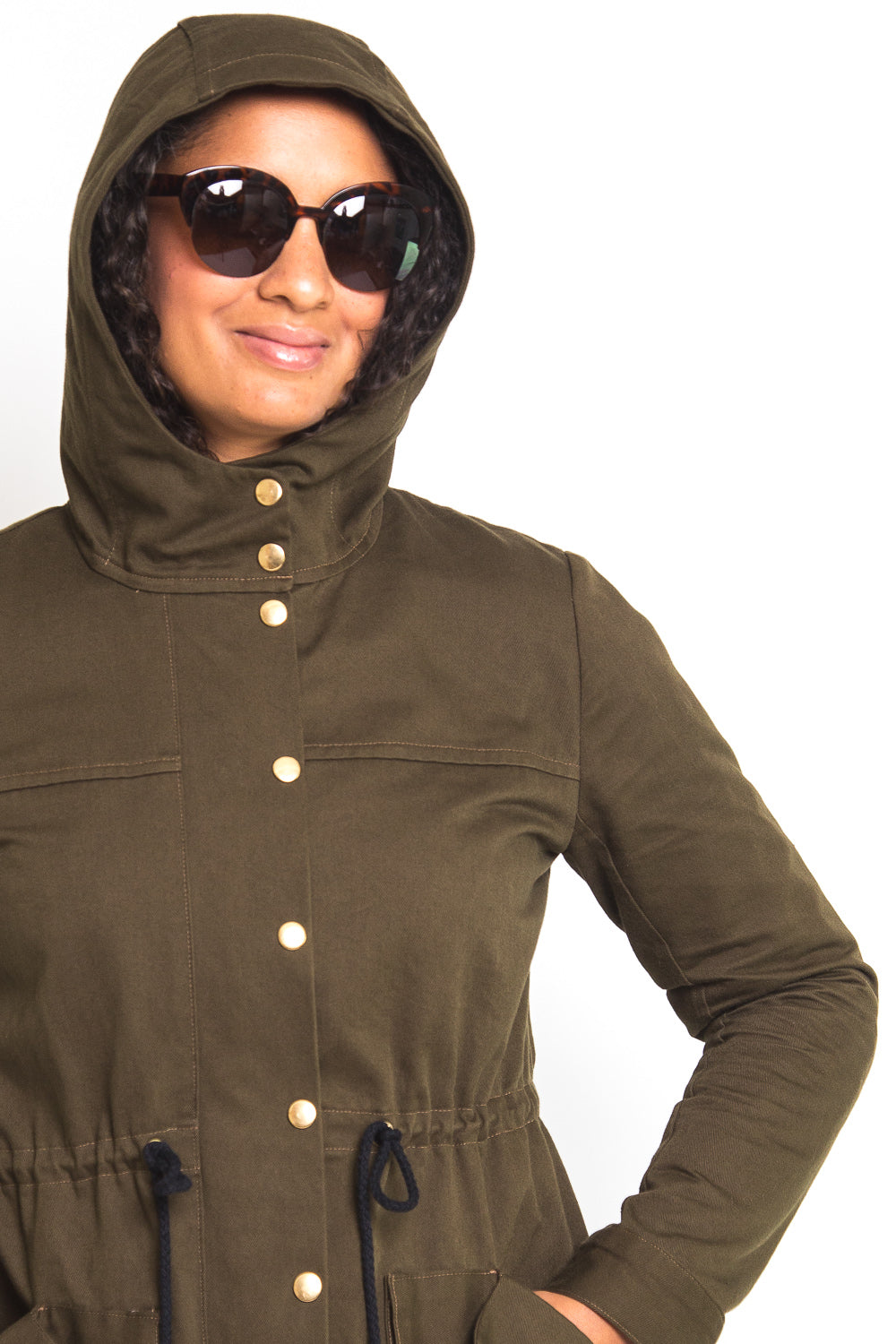 Close-up of the snaps and collar on an olive anorak, Closet Core Kelly Anorak PDF sewing pattern