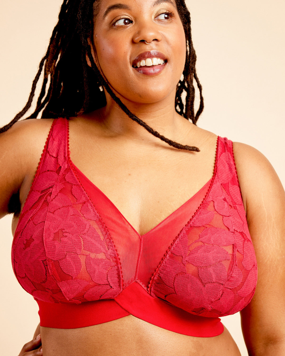 Cashmerette Loftus Bralette PDF sewing pattern, woman wearing a red lace bra