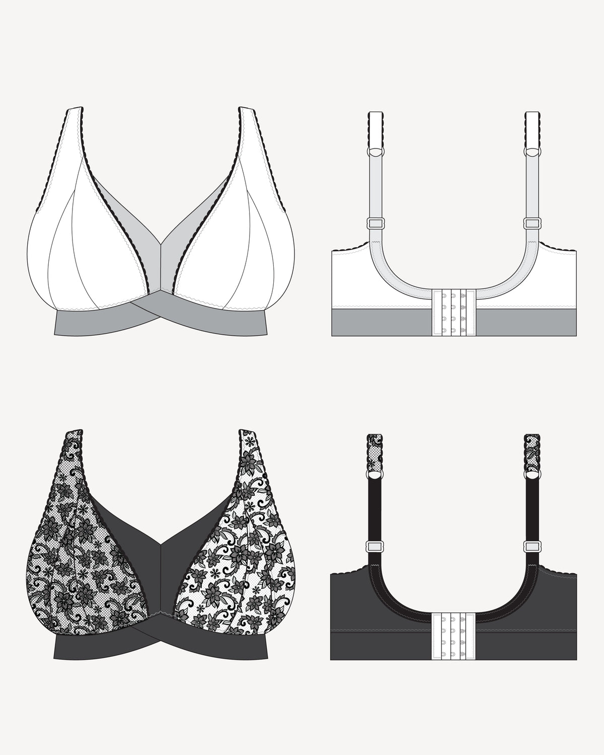 Cashmerette Loftus Bralette PDF sewing pattern, illustrations of various bras from different angles
