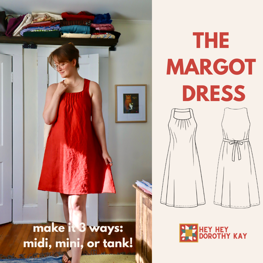 Hey Hey Dorothy Kay Margot Dress PDF sewing pattern, cover with a red sundress