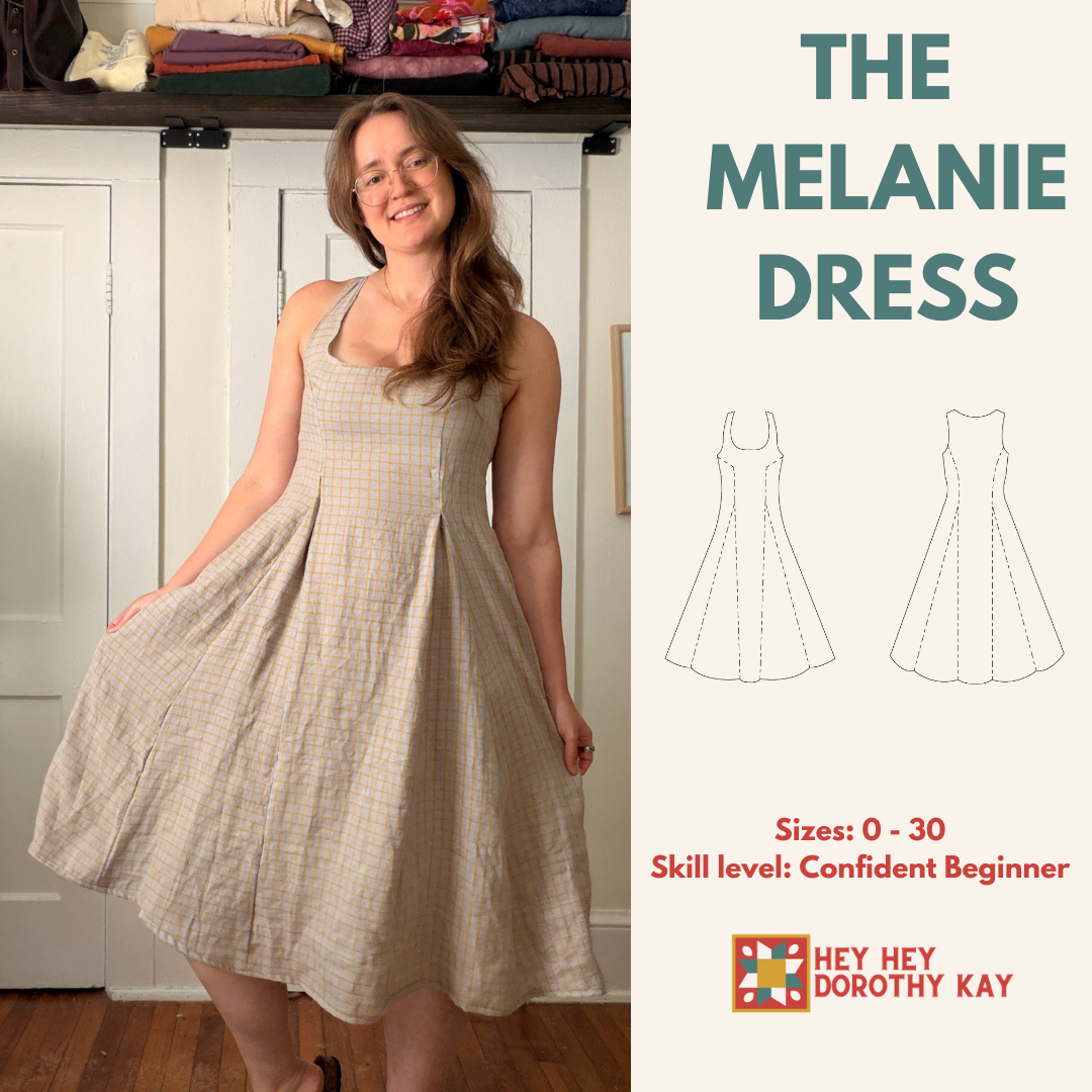 Hey Hey Dorothy Kay Melanie Dress PDF sewing pattern, cover with a cream dress