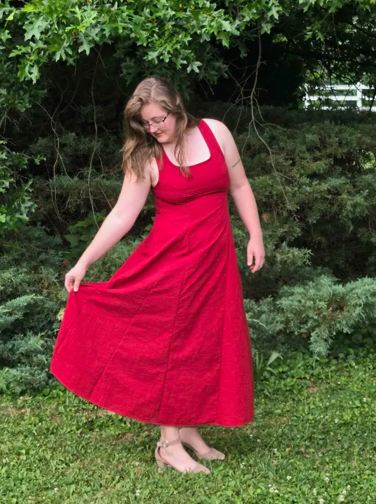 Hey Hey Dorothy Kay Melanie Dress PDF sewing pattern, red dress in a garden