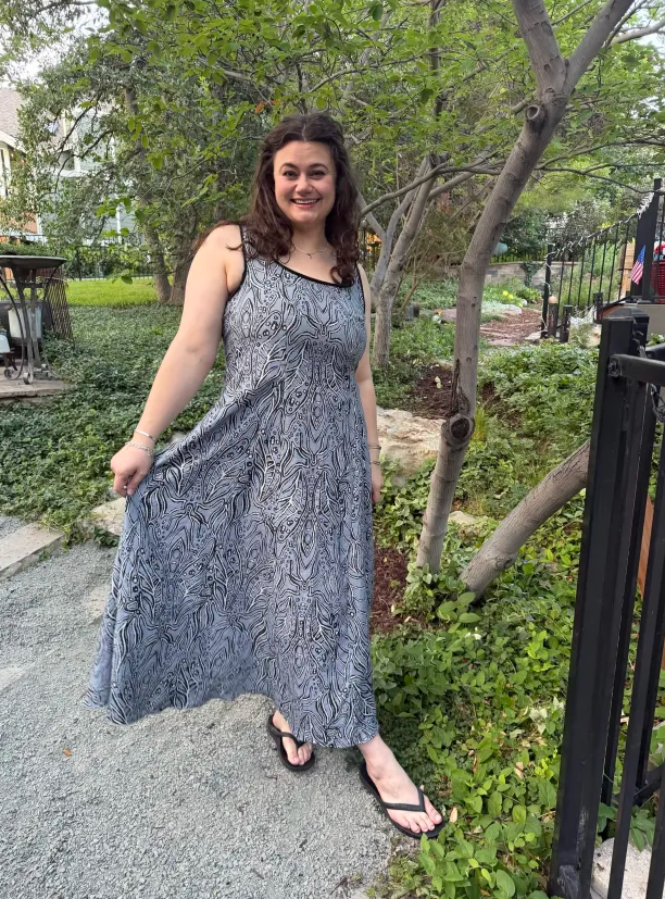 Hey Hey Dorothy Kay Melanie Dress PDF sewing pattern, grey dress in the woods