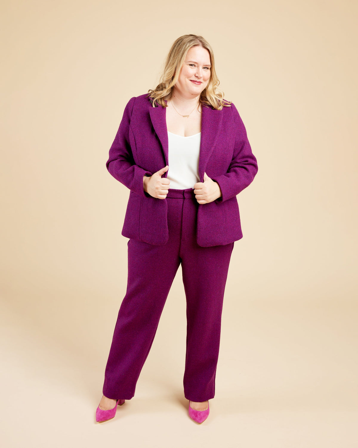 Cashmerette Meriam Trousers PDF sewing pattern, woman wearing a purple suit, three quarter view