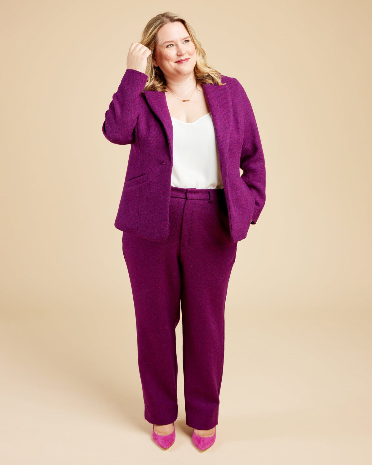 Cashmerette Meriam Trousers PDF sewing pattern, woman wearing a purple suit, front view