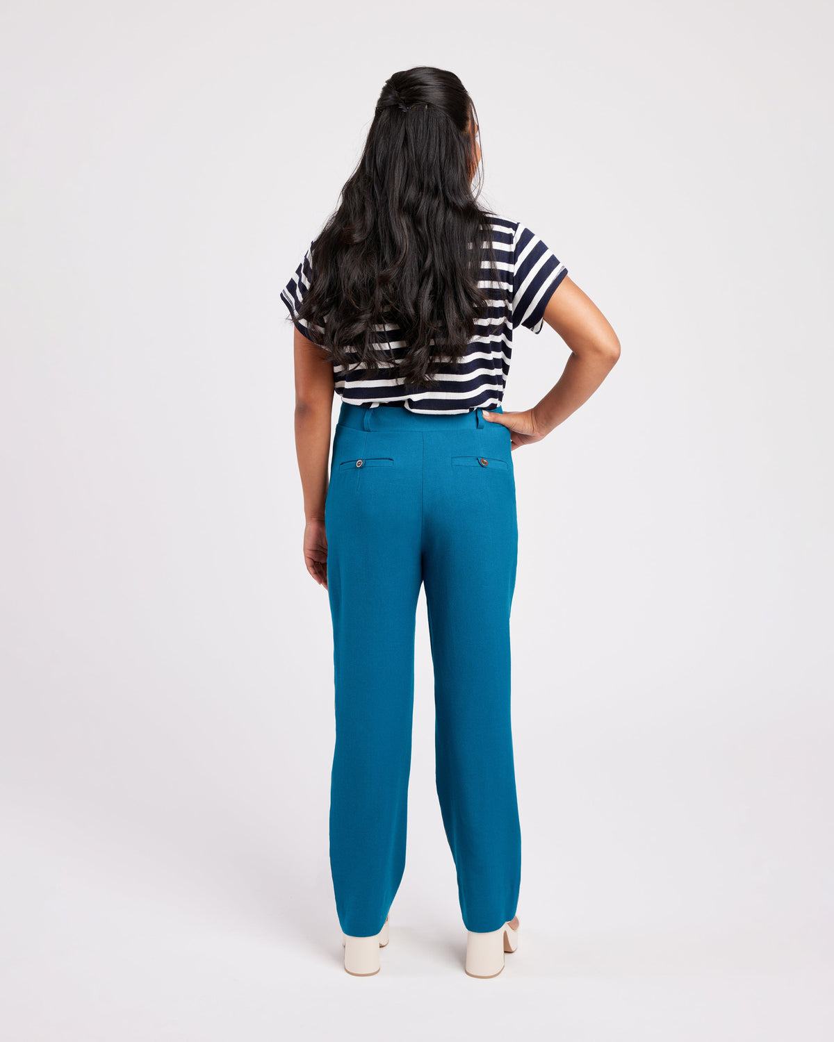 Cashmerette Meriam Trousers PDF sewing pattern, person wearing blue pants and a striped shirt