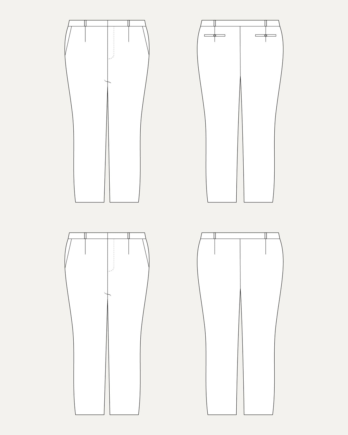 Cashmerette Meriam Trousers PDF sewing pattern, technical drawing of a pair of pants from multiple angles