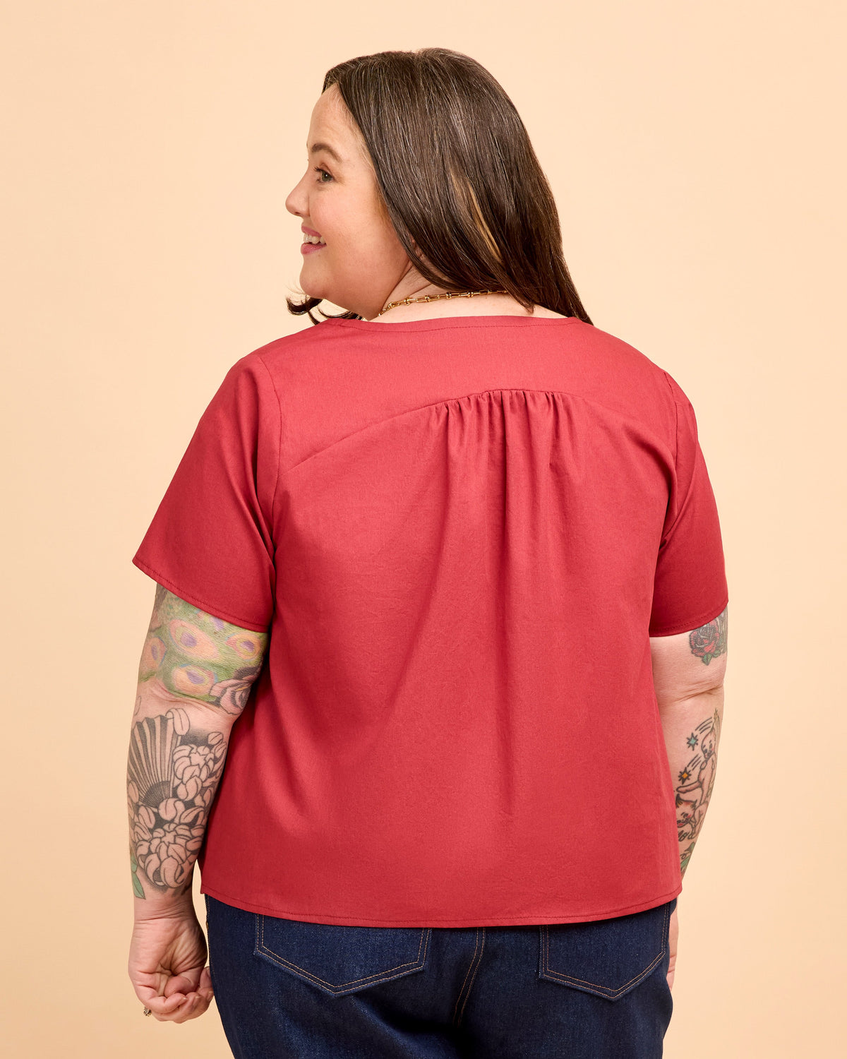 Cashmerette Montrose Top PDF sewing pattern, person wearing a red shirt