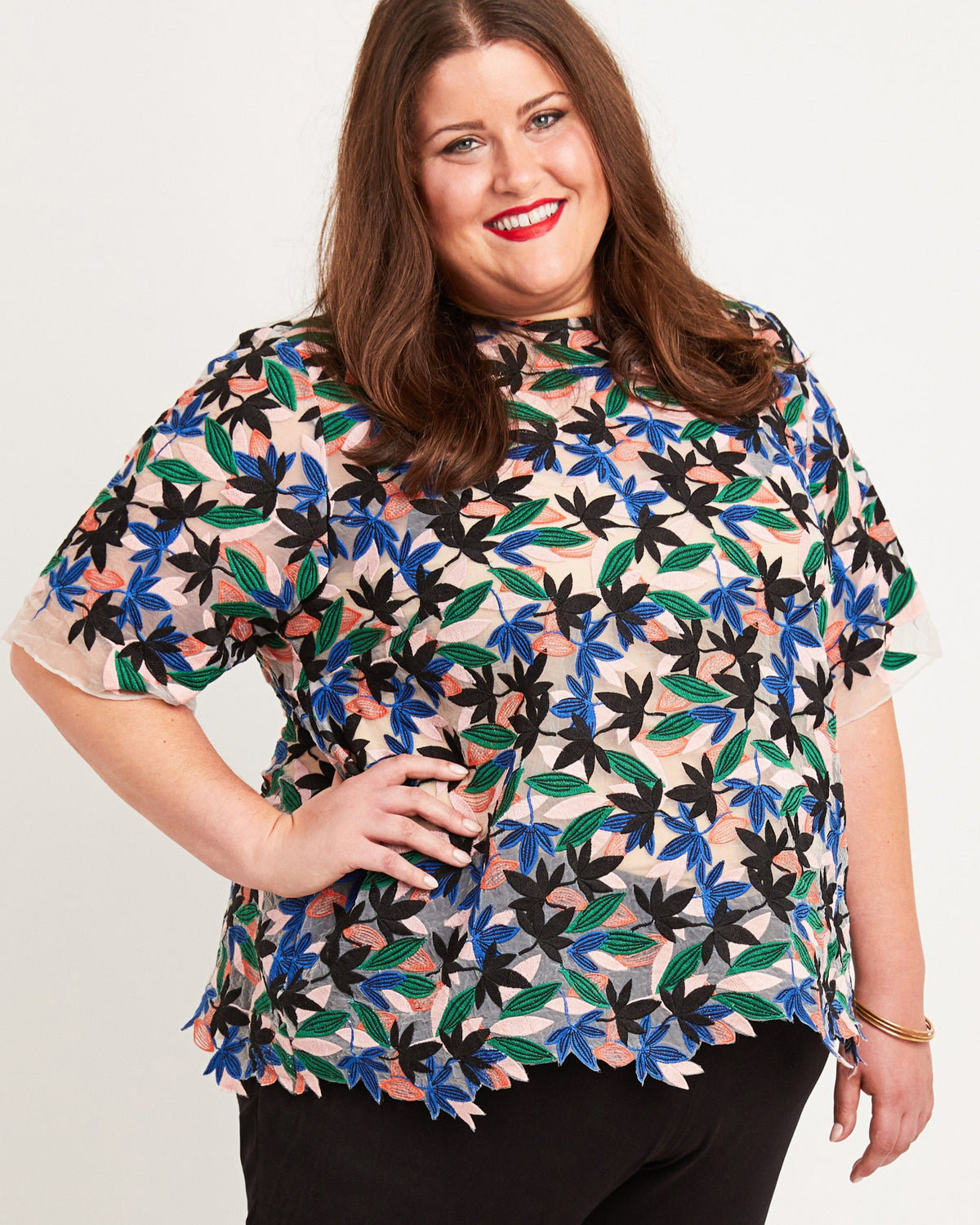 Cashmerette Montrose Top PDF sewing pattern, woman wearing a colorful floral blouse