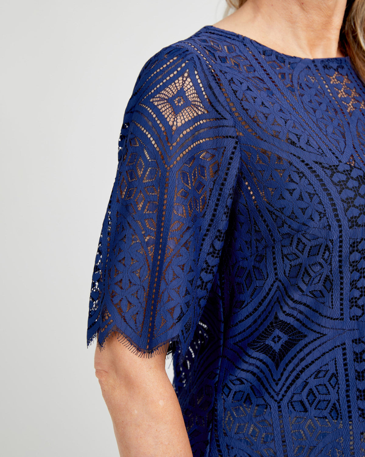 Cashmerette Montrose Top PDF sewing pattern, navy blue lace dress with geometric pattern