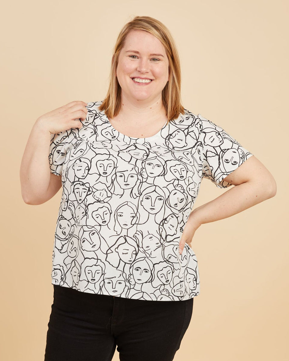 Cashmerette Montrose Top PDF sewing pattern, woman wearing a black and white patterned top and black pants