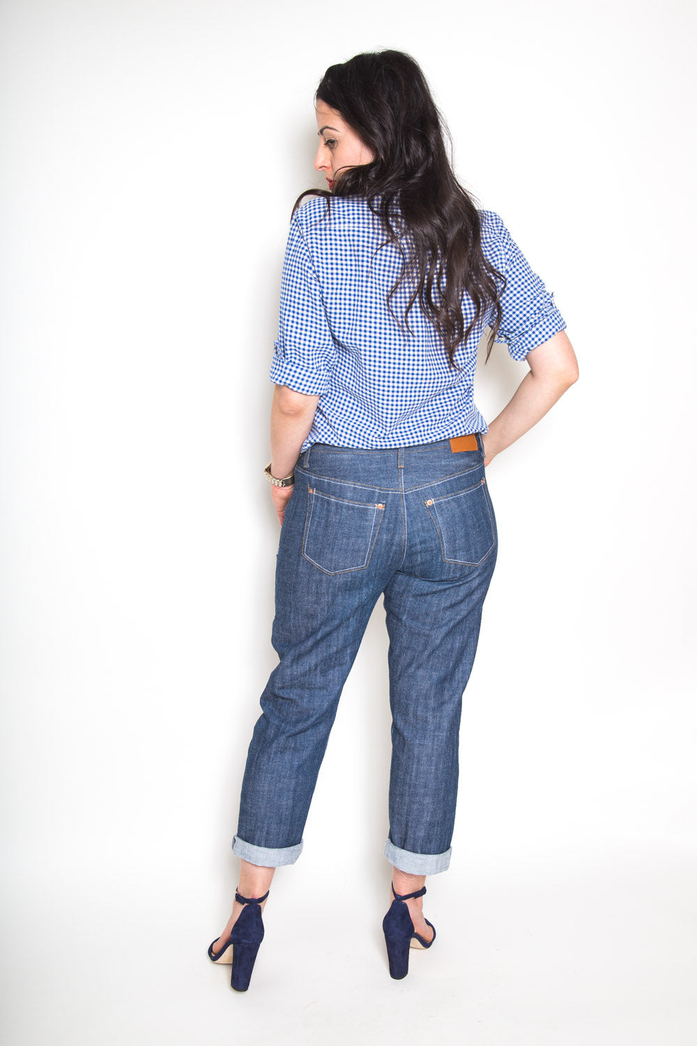 Light wash jeans with rolled cuffs from the Closet Core Morgan Boyfriend Jeans PDF sewing pattern, front view