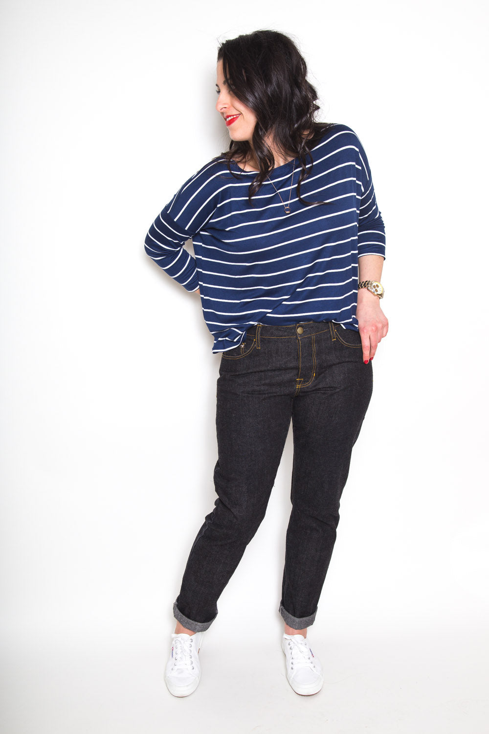Back view of dark denim jeans made with the Closet Core Morgan Boyfriend Jeans PDF sewing pattern
