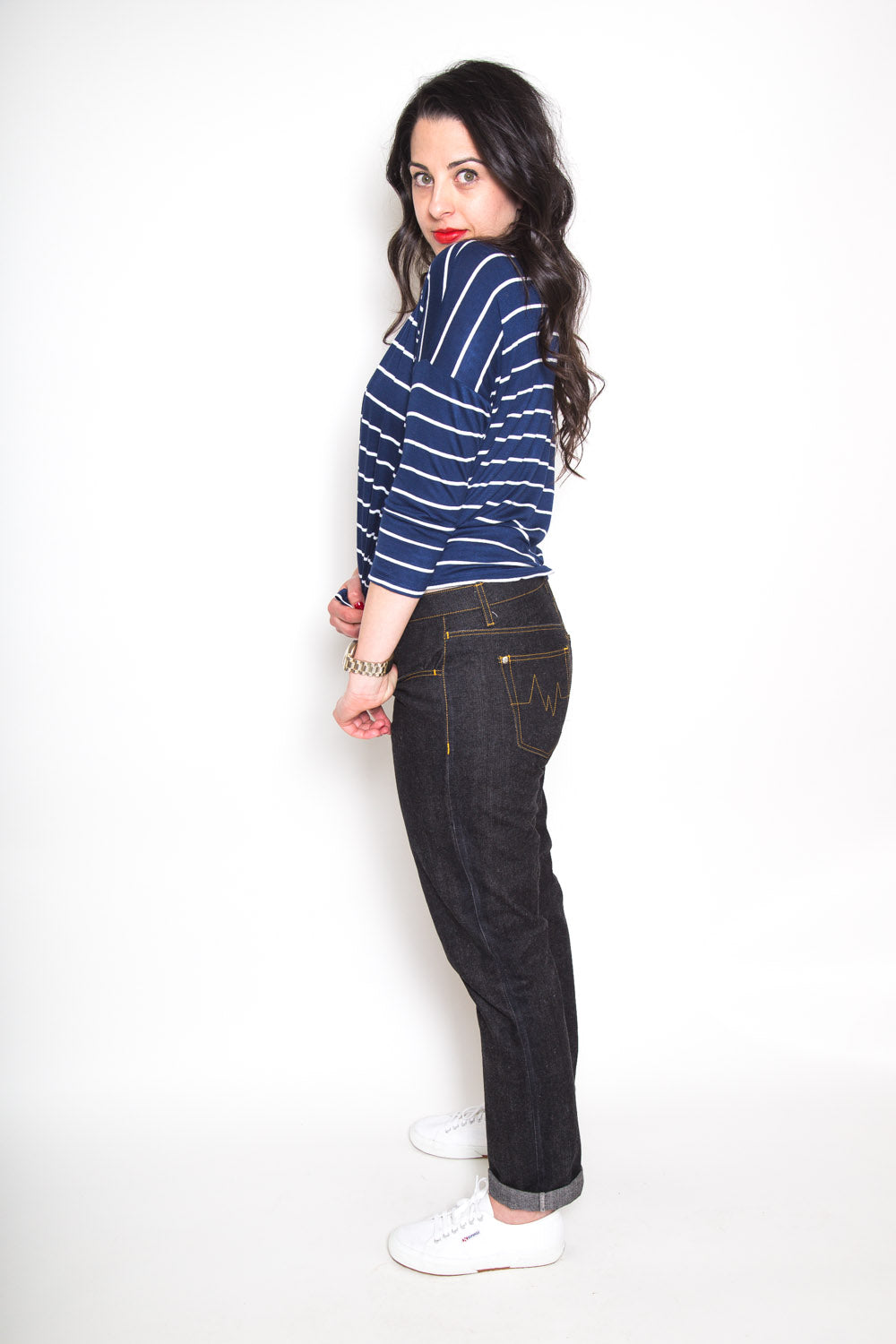 Side view of dark slim boyfriend jeans from the Closet Core Morgan Boyfriend Jeans PDF sewing pattern