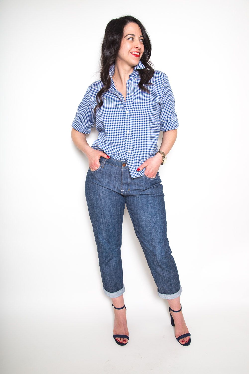 Model in light wash boyfriend jeans and chambray shirt sewn from the Closet Core Morgan Boyfriend Jeans PDF sewing pattern