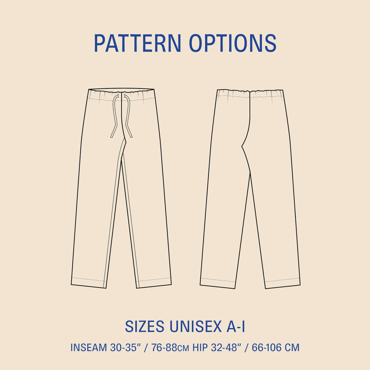 Wardrobe By Me unisex Pajama Pants PDF sewing pattern, pattern options page