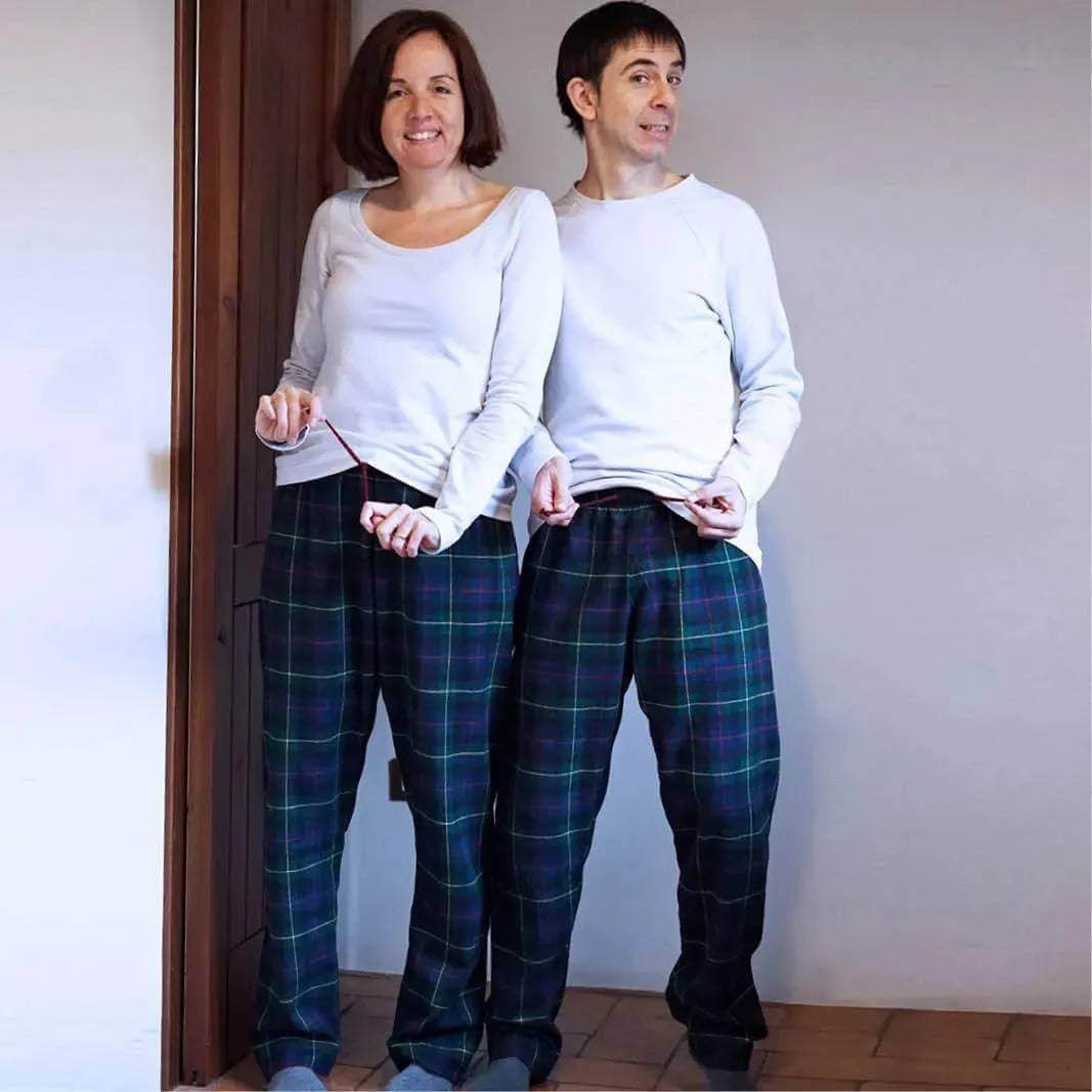 Wardrobe By Me unisex Pajama Pants PDF sewing pattern, models in blue pajama pants