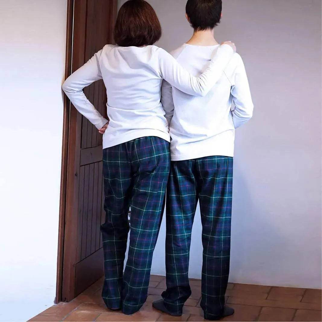 Wardrobe By Me unisex Pajama Pants PDF sewing pattern, models in white tops and pajama pants