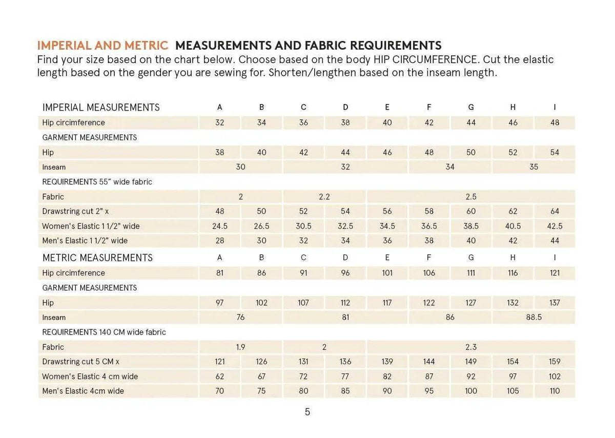 Wardrobe By Me unisex Pajama Pants PDF sewing pattern, size chart page