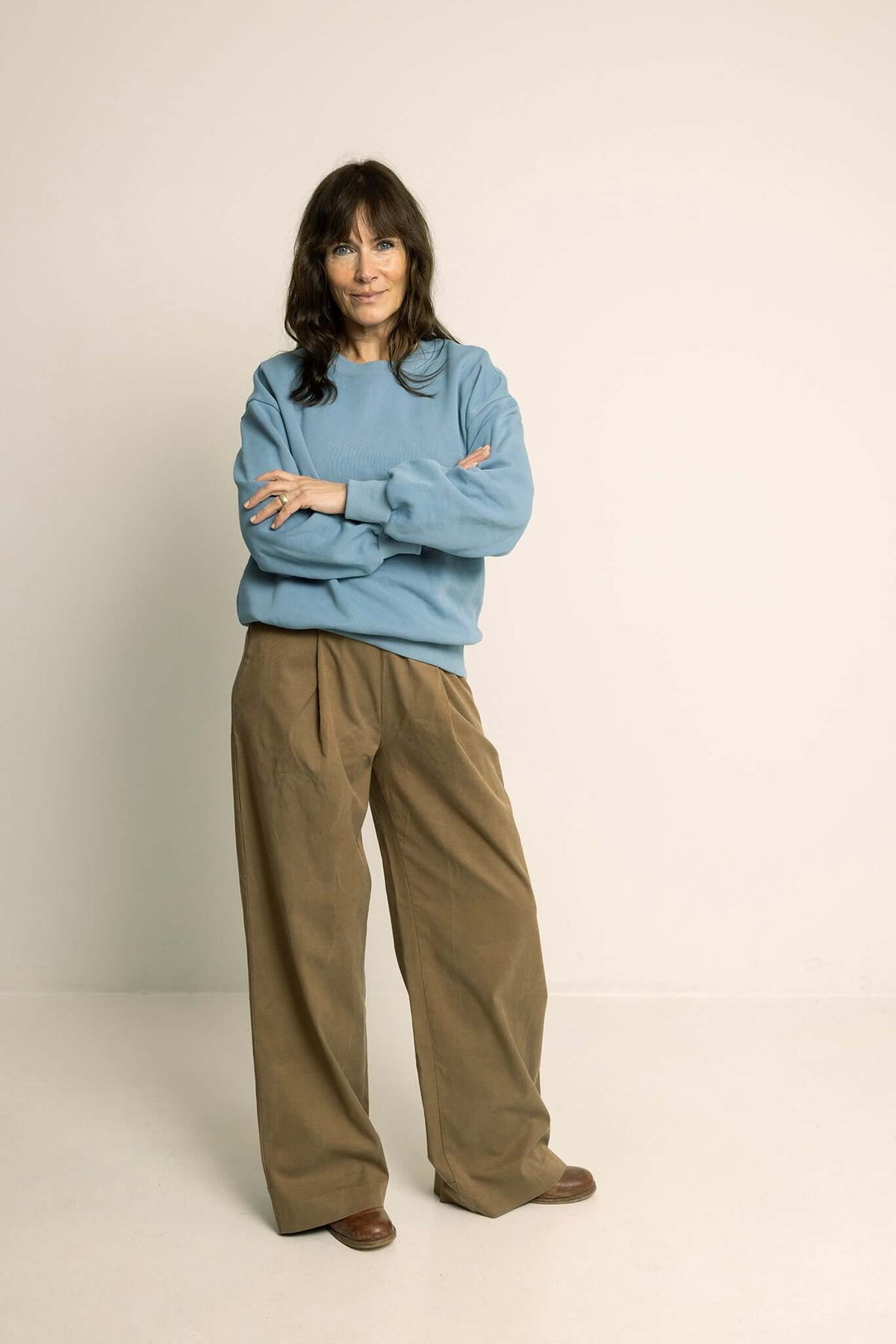 Wardrobe By Me Palazzo Pants PDF sewing pattern, model in pale blue pants