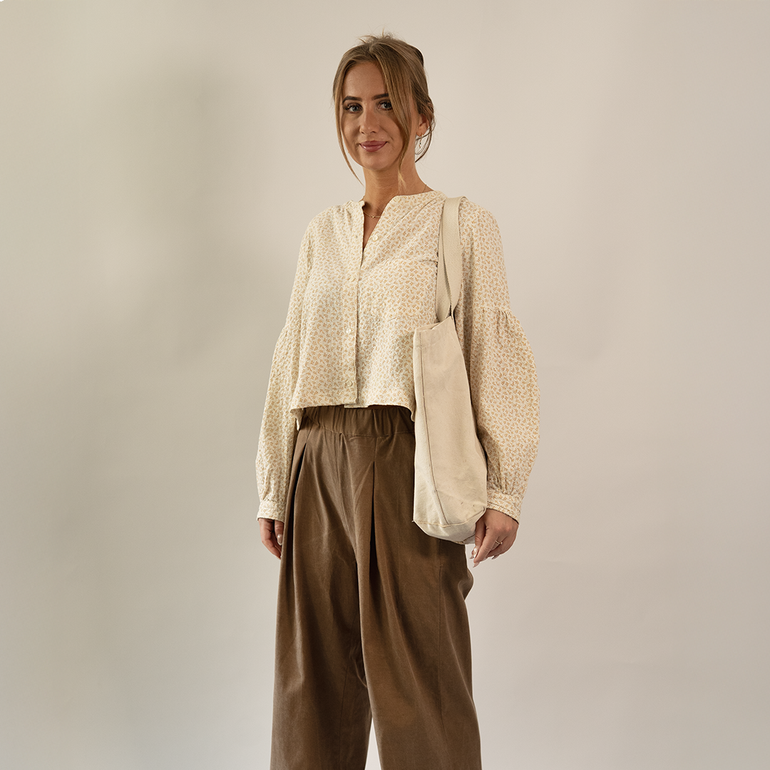 Wardrobe By Me Palazzo Pants PDF sewing pattern, model in cream wide leg pants