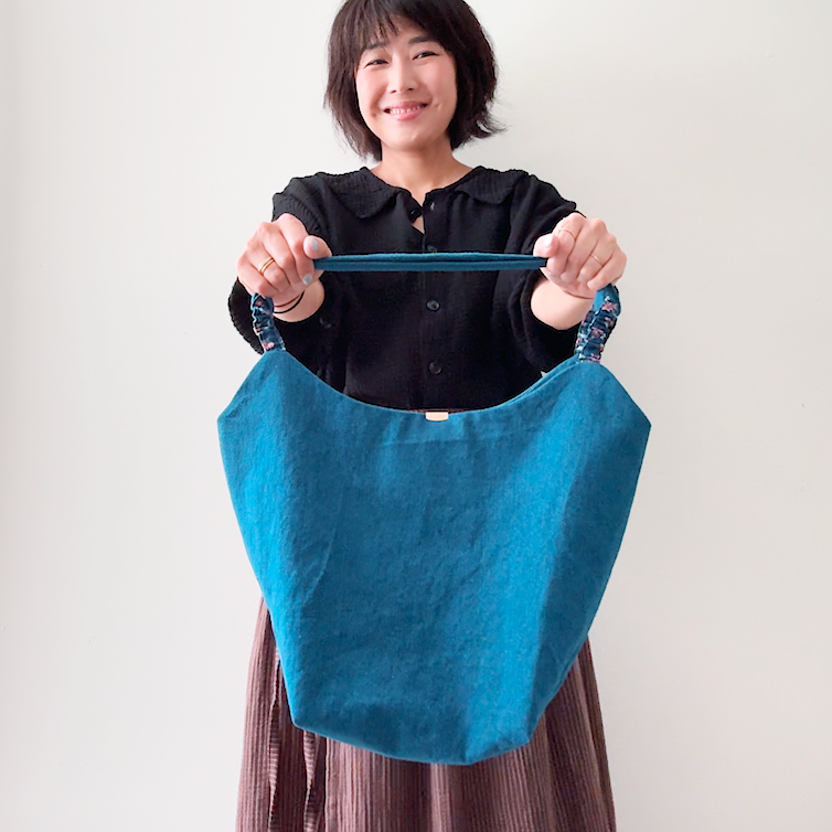 Sewing Therapy Bridge Bag PDF sewing pattern, blue bag held open