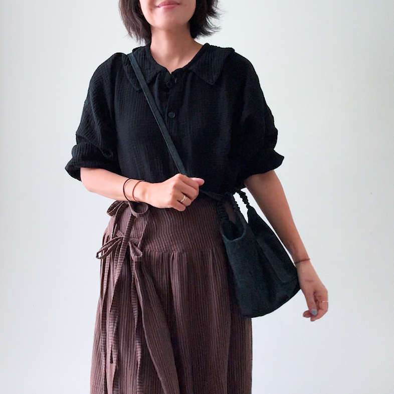 Sewing Therapy Bridge Bag PDF sewing pattern, black bag worn with a black top