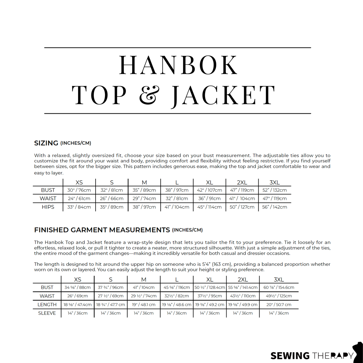 Sewing Therapy Hanbok Top and Jacket PDF sewing pattern, size chart page