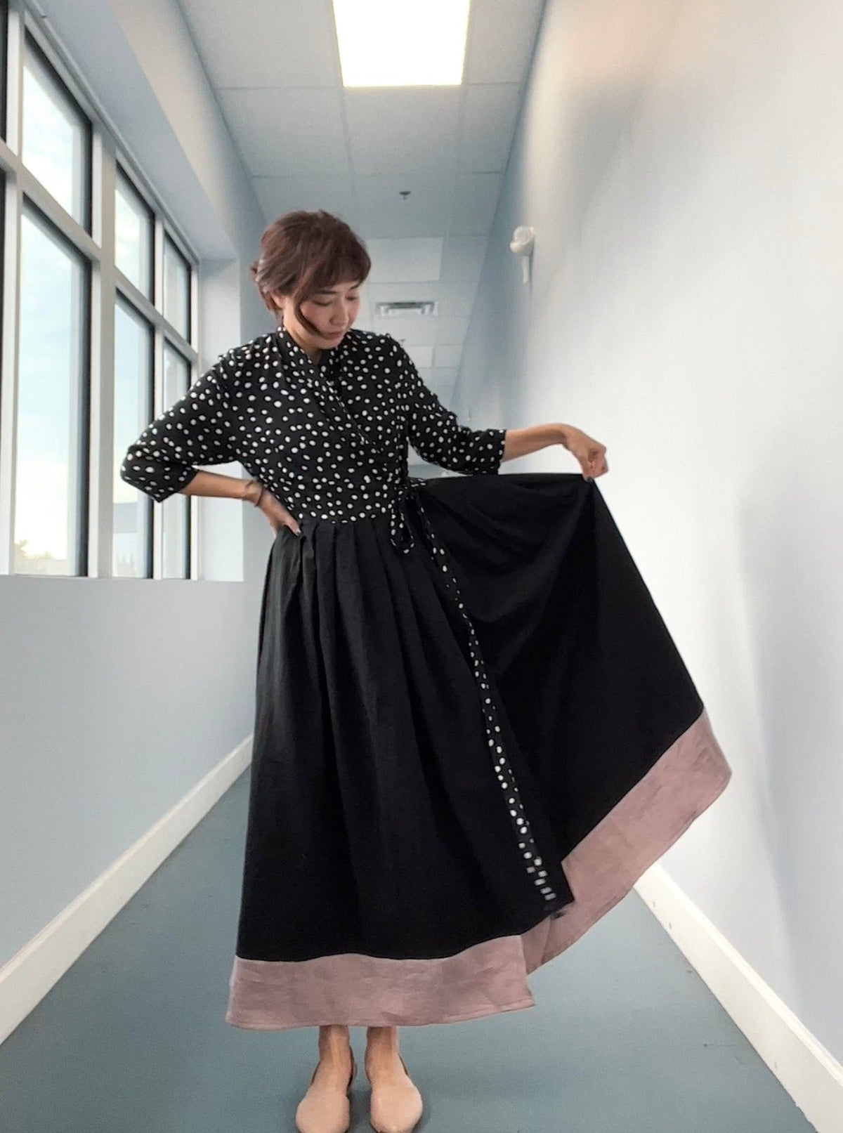Sewing Therapy Hanbok Wrap Dress PDF sewing pattern, black wrap dress front view