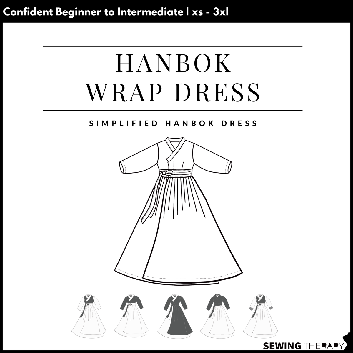 Sewing Therapy Hanbok Wrap Dress PDF sewing pattern, cover with line drawings