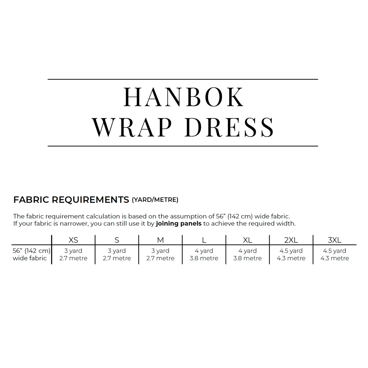 Sewing Therapy Hanbok Wrap Dress PDF sewing pattern, size chart page