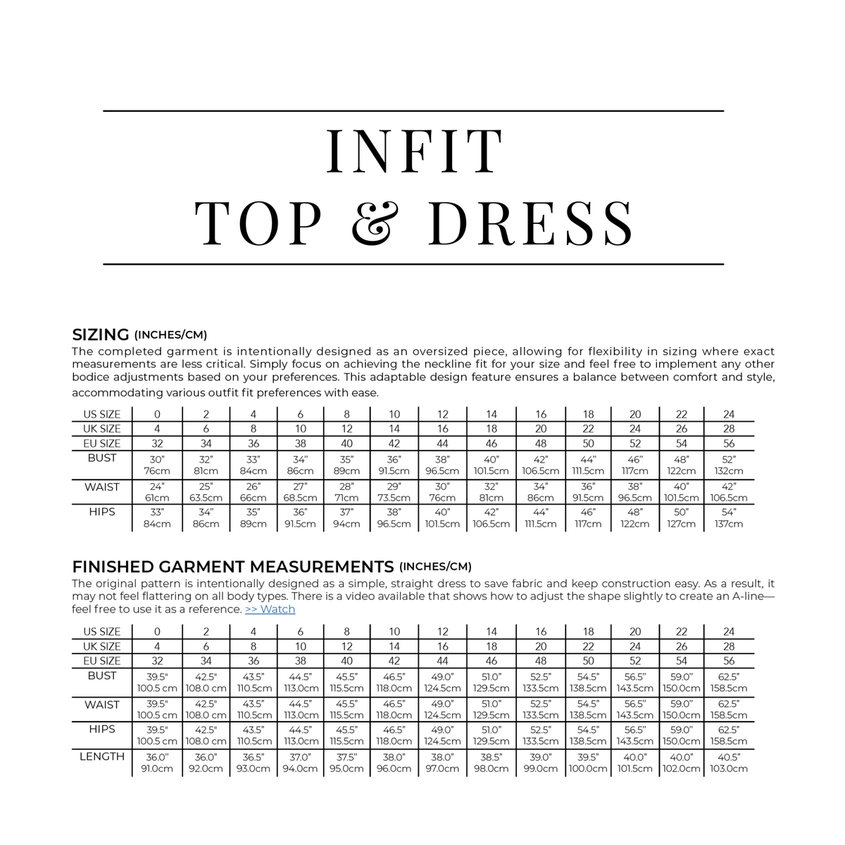 Sewing Therapy Infit Top and Dress PDF sewing pattern, size chart page