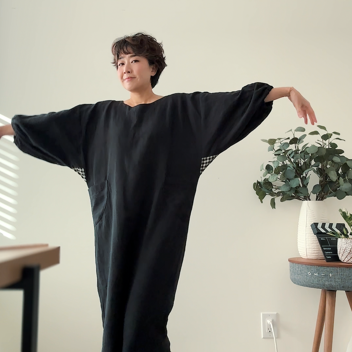 Sewing Therapy Infit Top and Dress PDF sewing pattern, blue print top with arms out