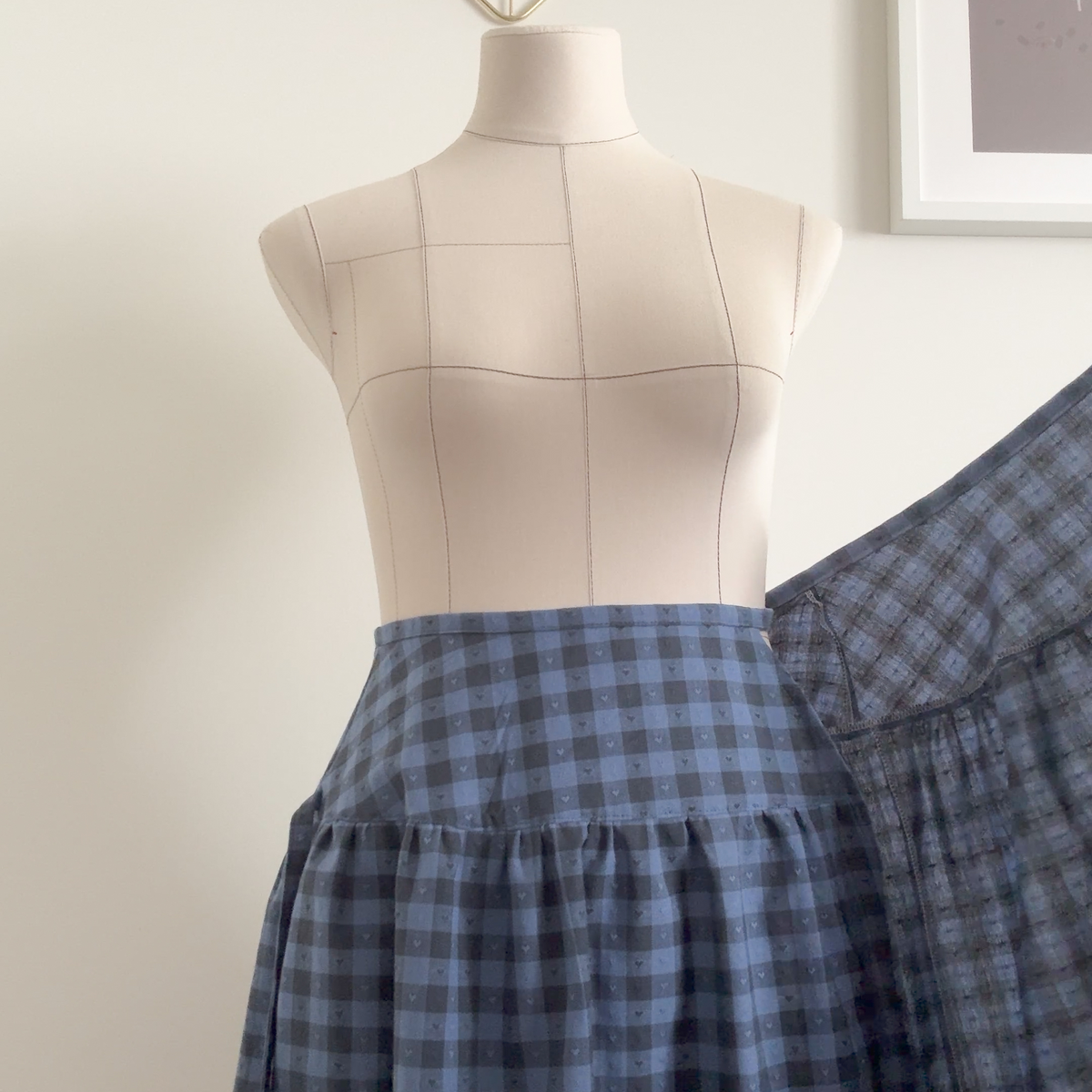 Sewing Therapy La Ciotat Wrap Skirt PDF sewing pattern, blue check skirt side view
