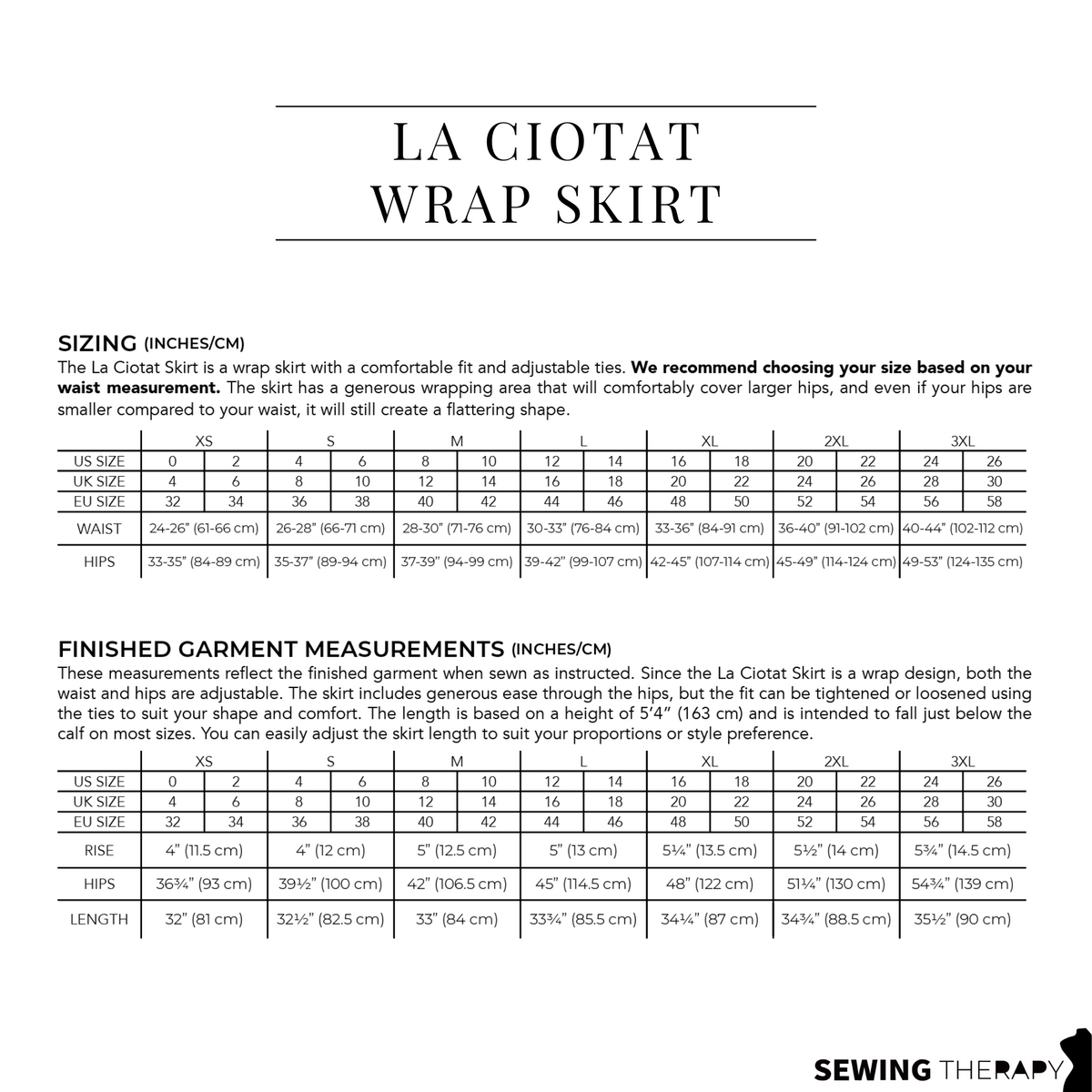 Sewing Therapy La Ciotat Wrap Skirt PDF sewing pattern, size chart and yardage page