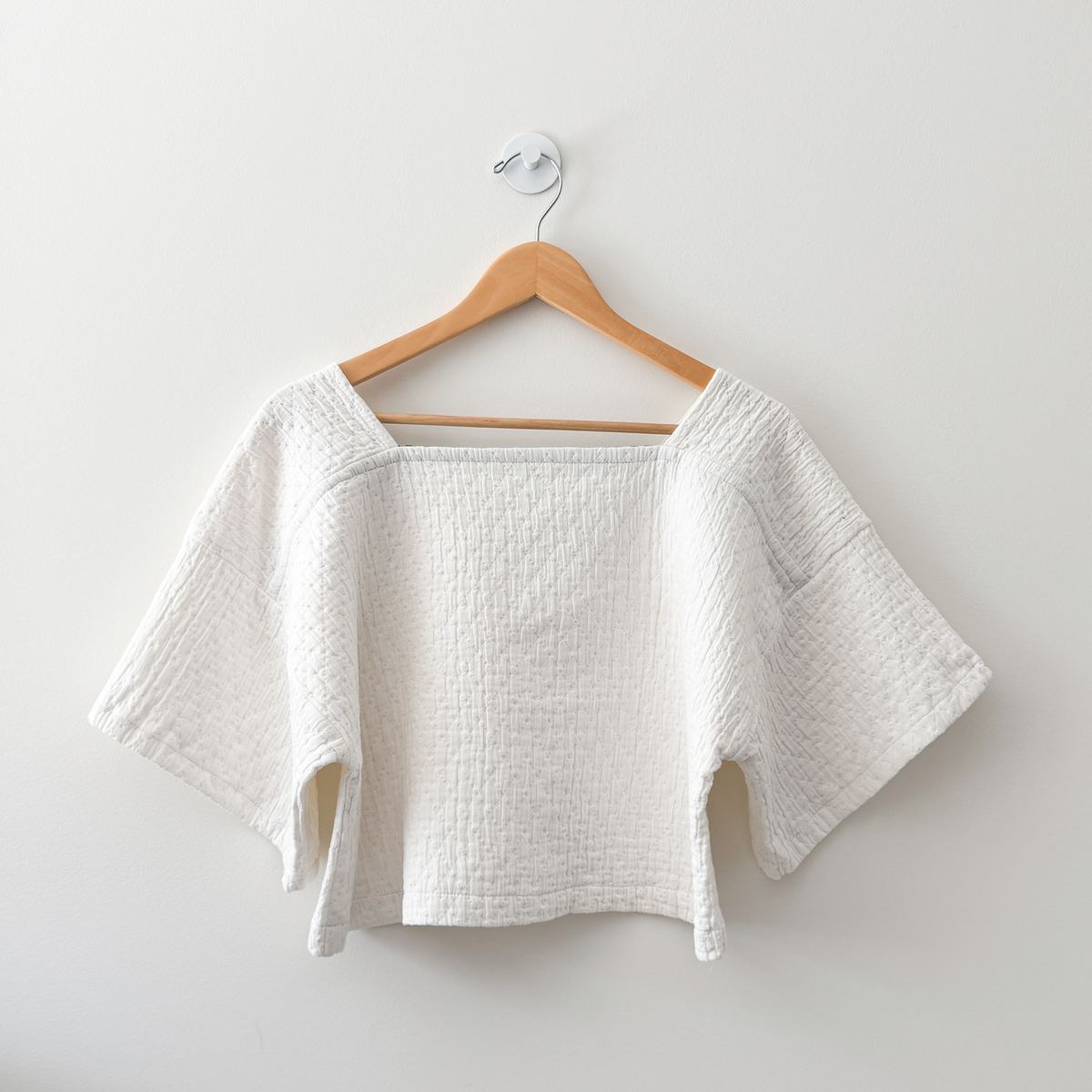 Sewing Therapy Rectangle Top PDF sewing pattern, white top on a hanger